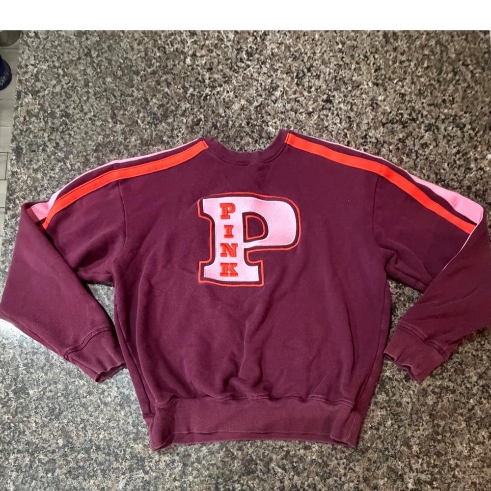 Victoria's Secret PINK Sweatshirt Burgundy Chenille Logo Stripe Sleeve XS